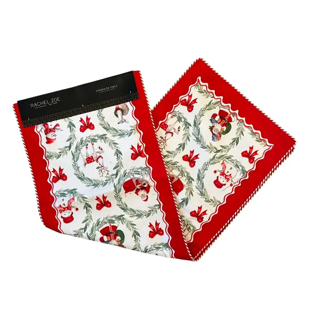 RACHEL ZOE Christmas Table Runner 16x90 Santa Bow Wreath Holiday Red White New